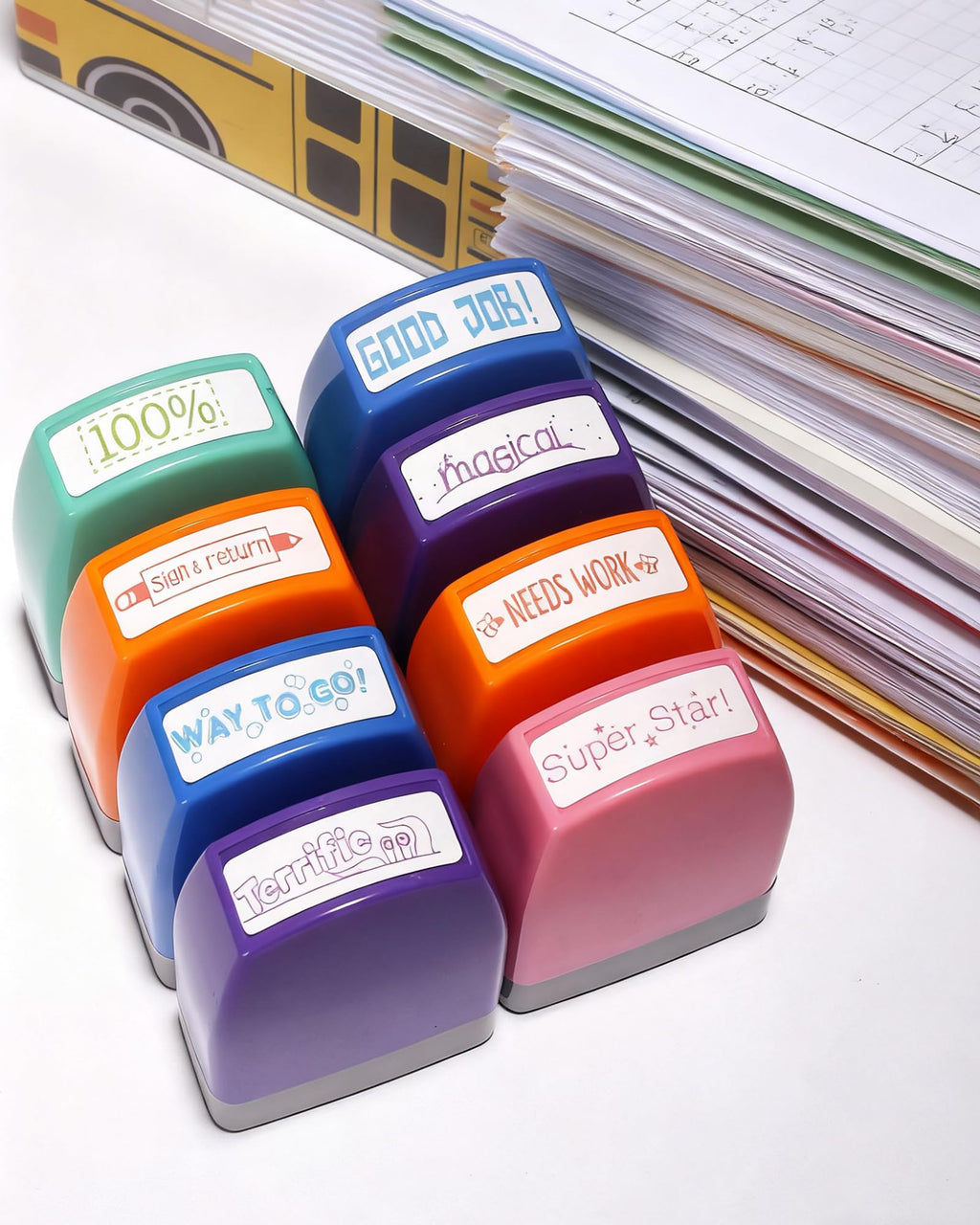 WAFJAMF 8-Pack Self-Inking Teacher Stamps – Motivational Grading Stamps for Homework, Classroom Rewards, Elementary Educators