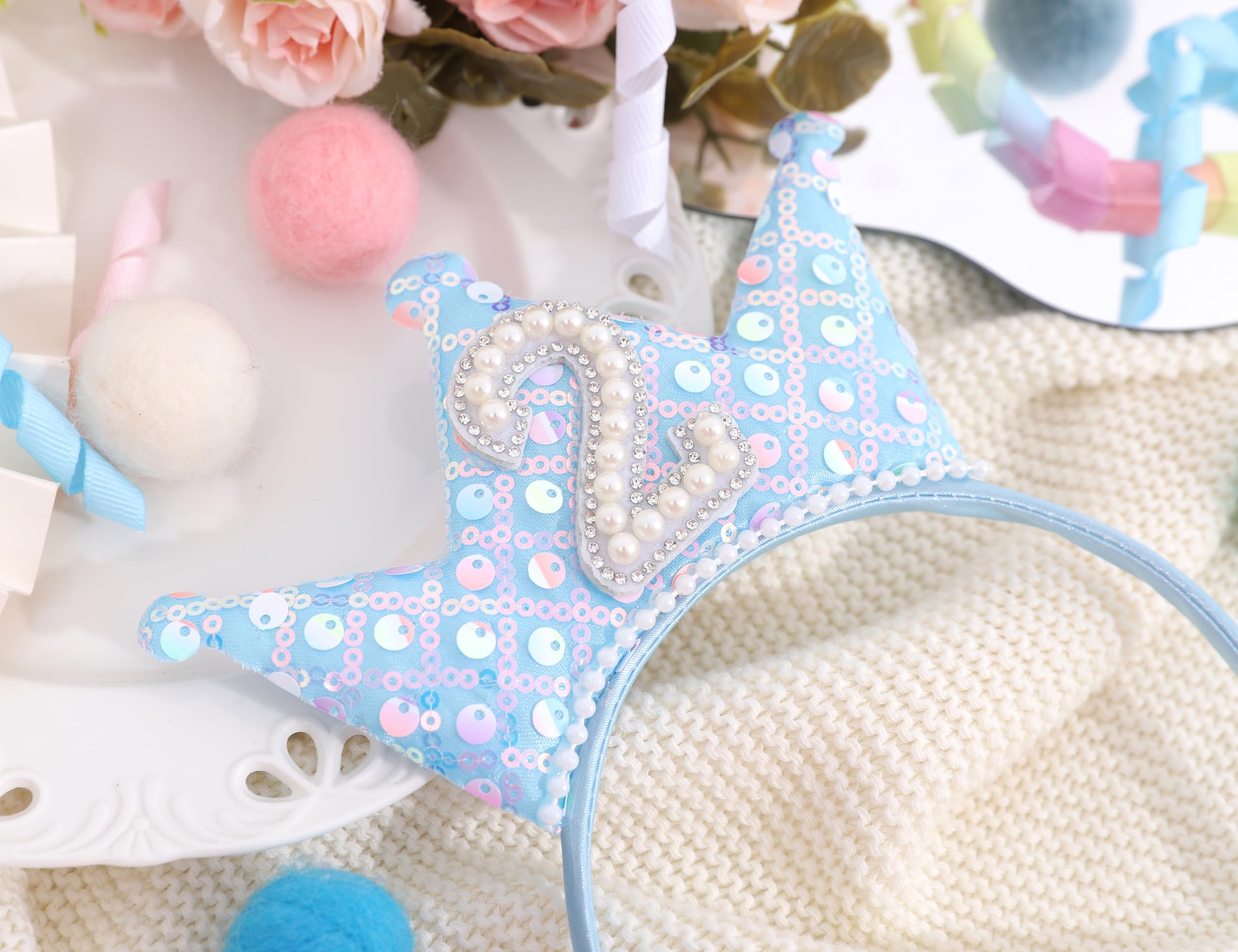 WAHAWU Blue 1st Birthday Headband – Glitter Sequin Crown Tiara with Pearls for Girls