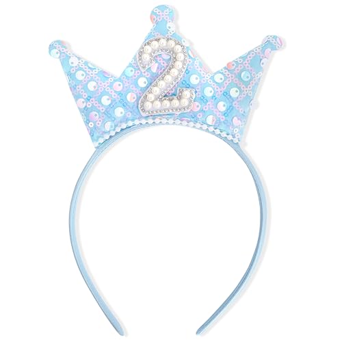 WAHAWU Blue 1st Birthday Headband – Glitter Sequin Crown Tiara with Pearls for Girls