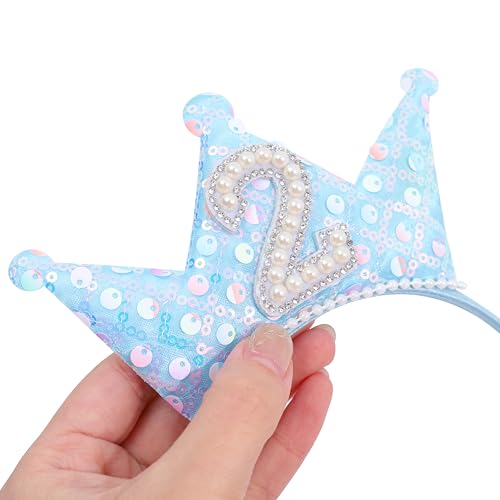 WAHAWU Blue 1st Birthday Headband – Glitter Sequin Crown Tiara with Pearls for Girls