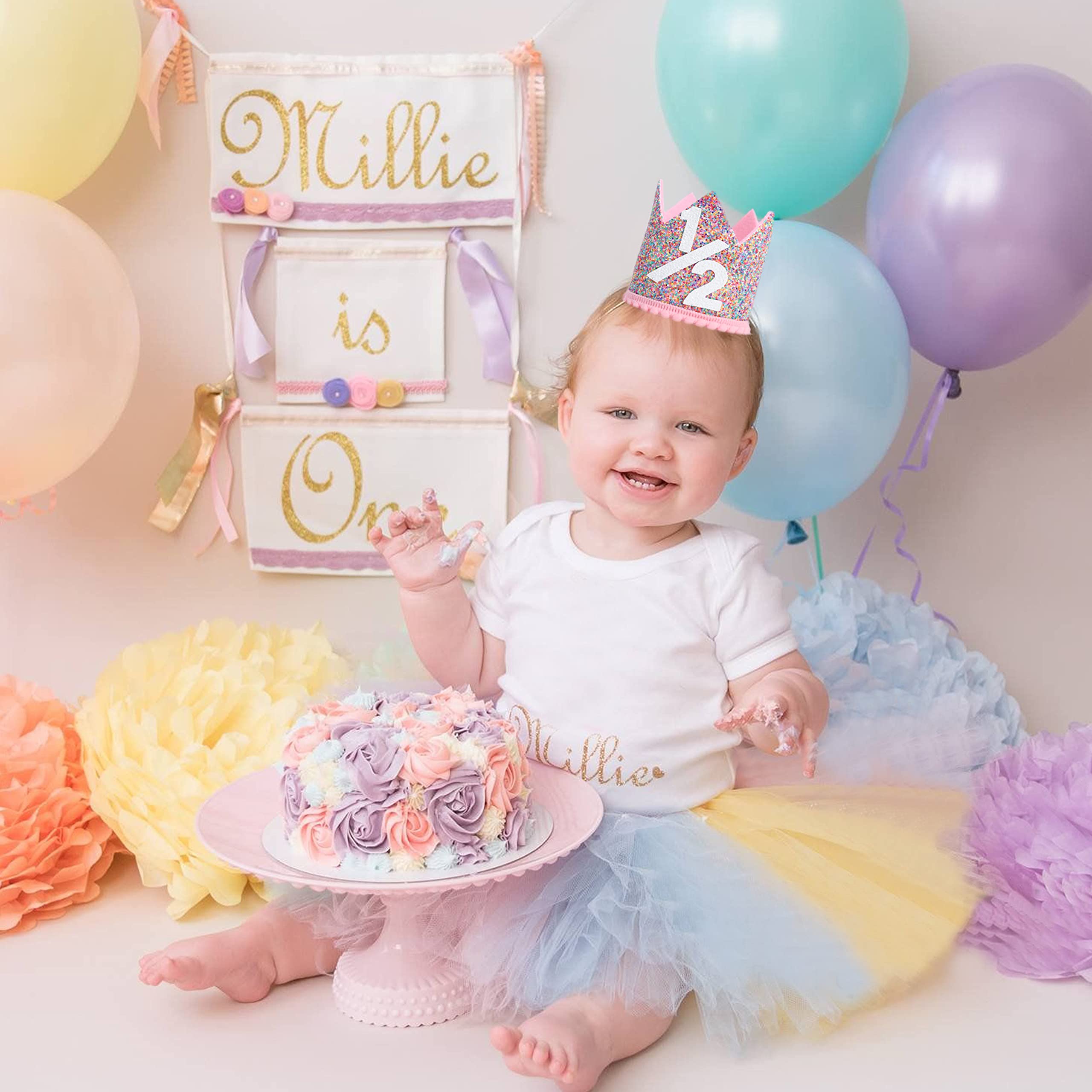 WAHAWU Rainbow Glitter Crown for Half Birthday Party - Handmade Felt Hat with Pompom, Elastic Strap, Kids Photo Prop