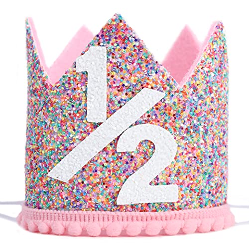 WAHAWU Rainbow Glitter Crown for Half Birthday Party - Handmade Felt Hat with Pompom, Elastic Strap, Kids Photo Prop