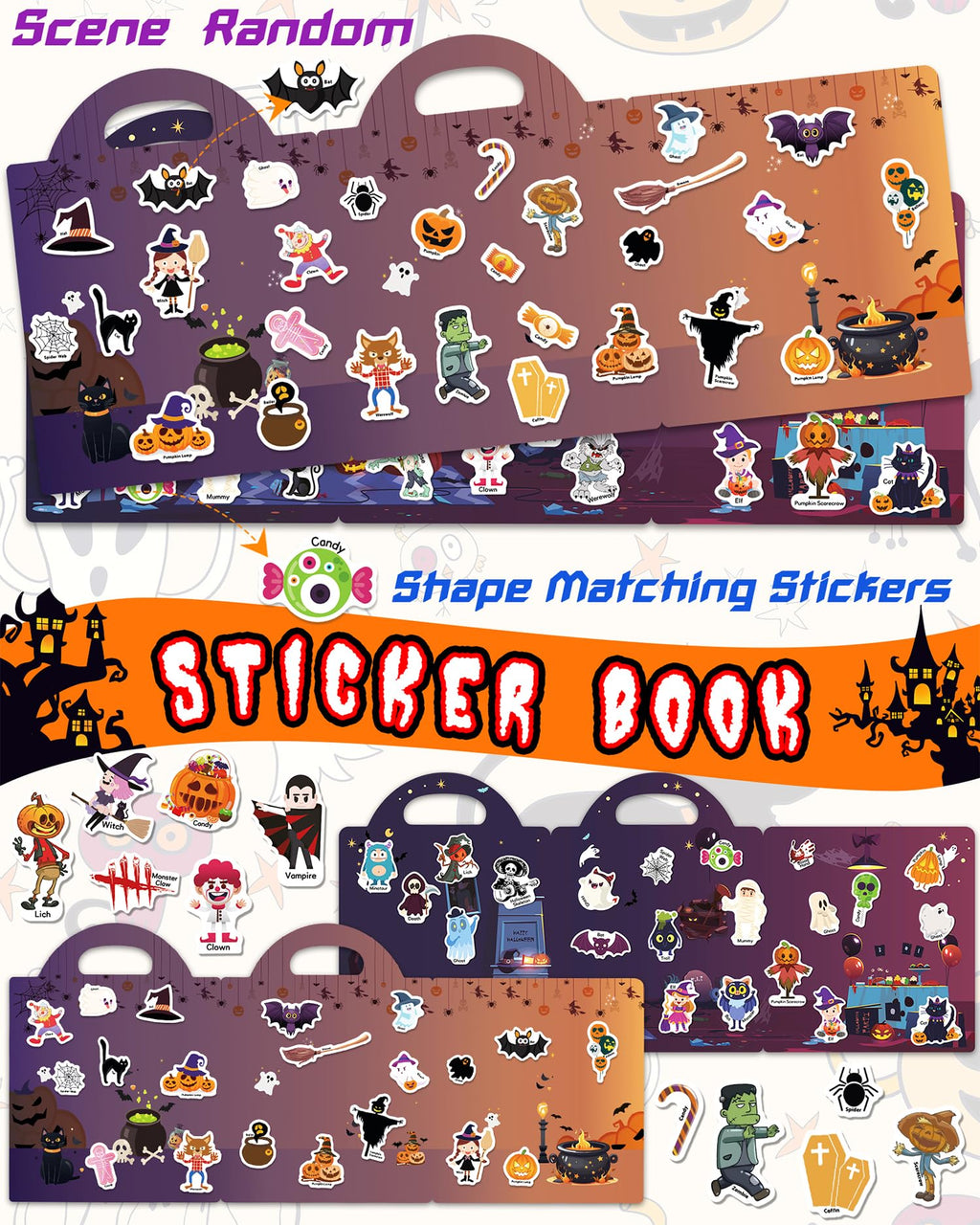 Walenced Reusable Halloween Sticker Book for Toddlers: 72 Waterproof PVC Stickers with Portable Handle