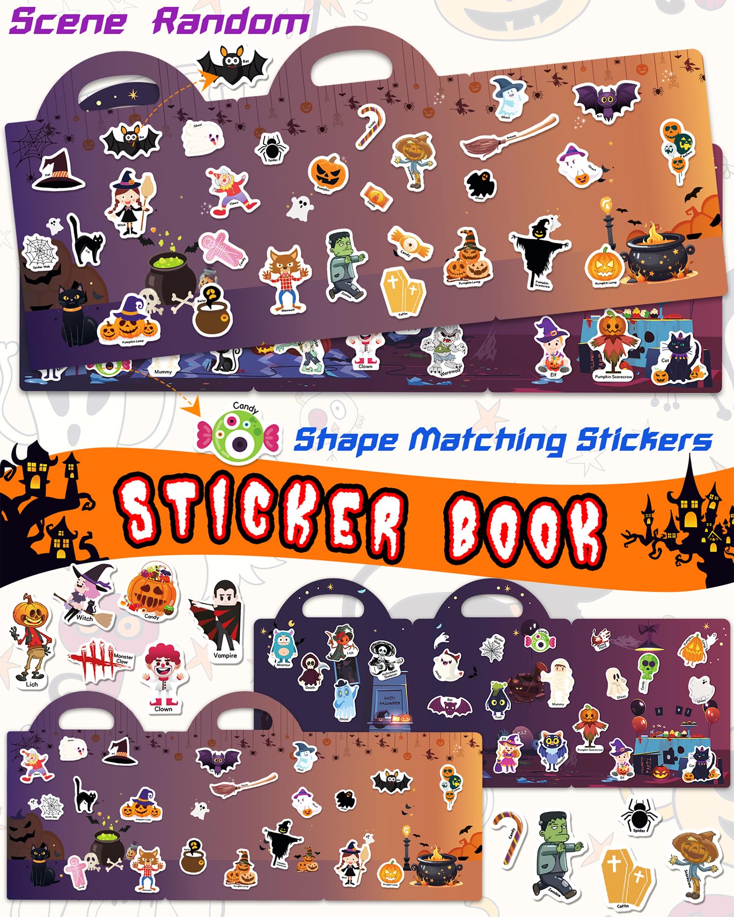 Walenced Reusable Halloween Sticker Book for Toddlers: 72 Waterproof PVC Stickers with Portable Handle