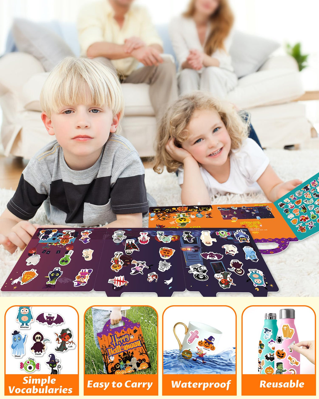 Walenced Reusable Halloween Sticker Book for Toddlers: 72 Waterproof PVC Stickers with Portable Handle