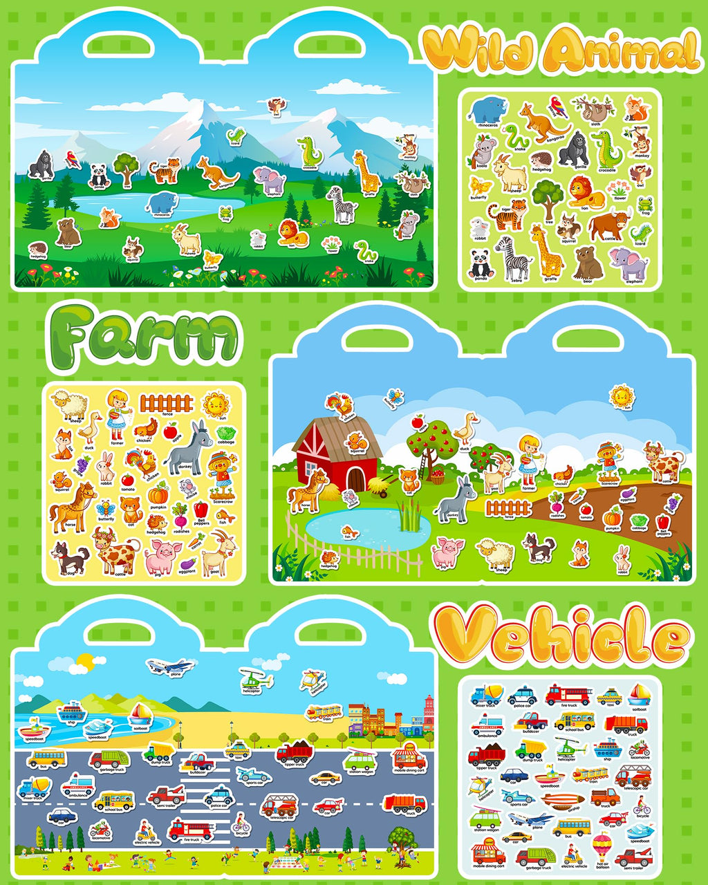 Walenced Reusable Sticker Book for Toddlers – 6 Themes of Waterproof PVC Stickers with Carry Handle