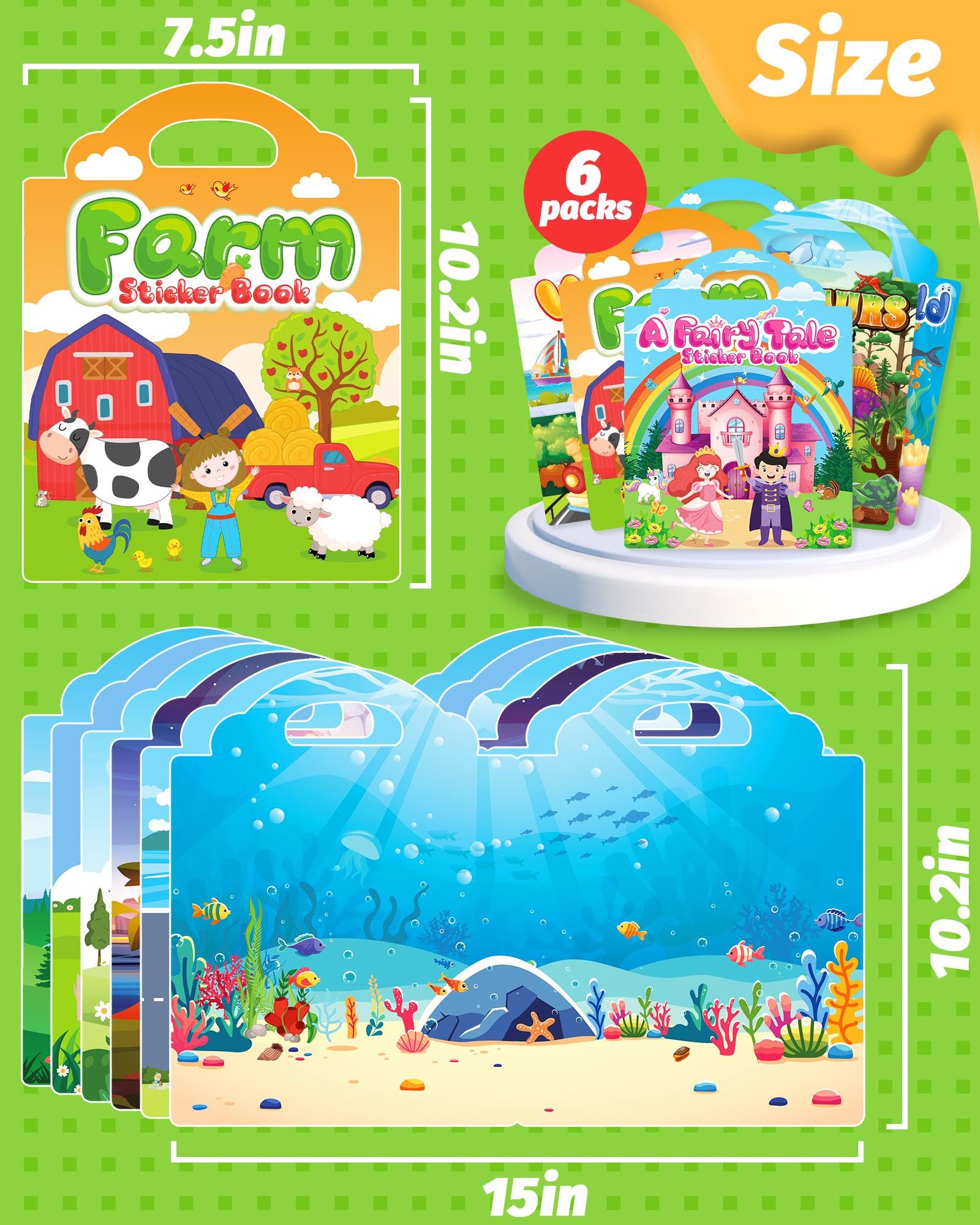 Walenced Reusable Sticker Book for Toddlers – 6 Themes of Waterproof PVC Stickers with Carry Handle