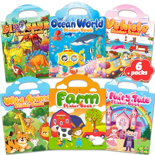 Walenced Reusable Sticker Book for Toddlers – 6 Themes of Waterproof PVC Stickers with Carry Handle