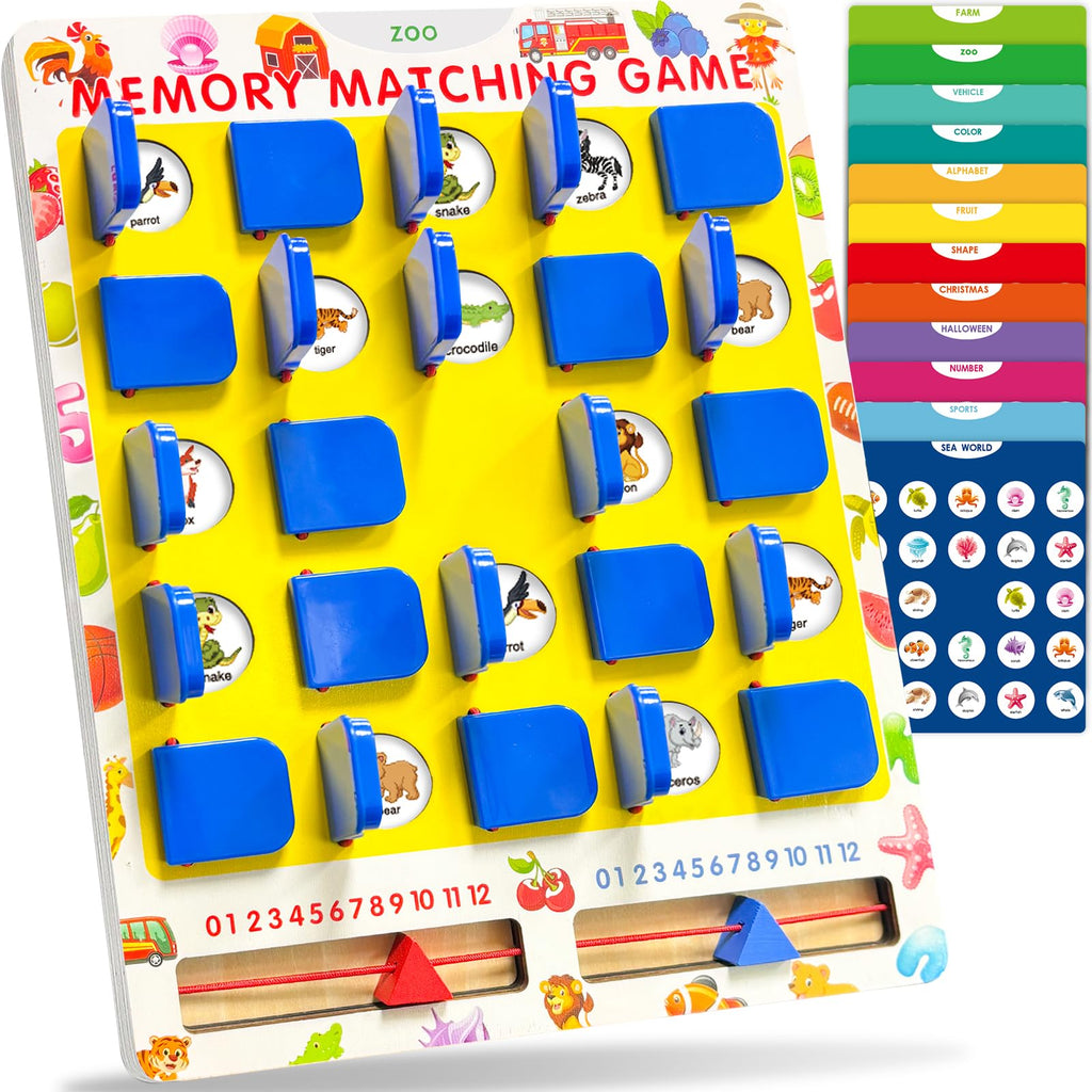 Walenty Matching Memory Game for Kids Ages 3-8 – 12 Themes, Wooden Board, Travel-Friendly Educational Toy