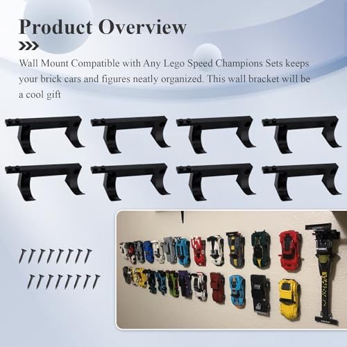 Wall Mount for Lego Speed Champions – 8 Pack Display Bracket with Base for Figures – Black