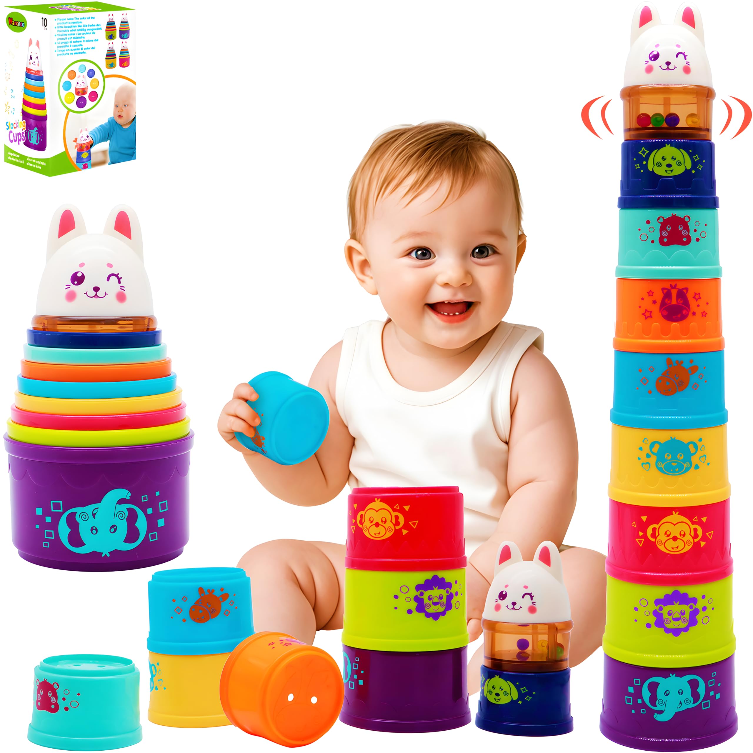 Wanonoo Bunny Baby Stacking Cups with Rattle Top – 9-Piece Nesting Toy for Toddlers 1-3