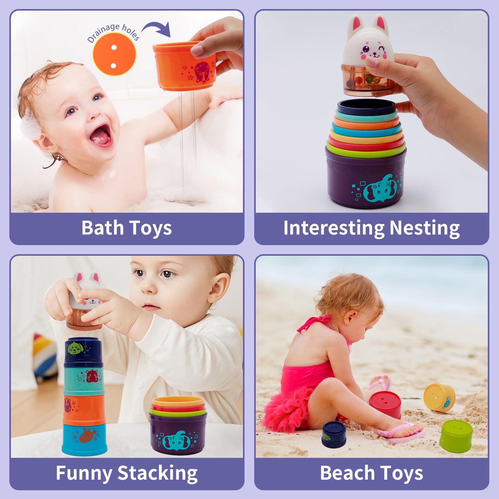 Wanonoo Bunny Baby Stacking Cups with Rattle Top – 9-Piece Nesting Toy for Toddlers 1-3