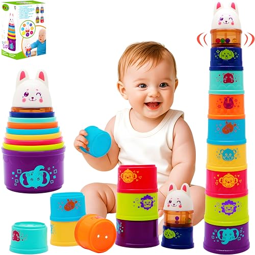 Wanonoo Bunny Baby Stacking Cups with Rattle Top – 9-Piece Nesting Toy for Toddlers 1-3