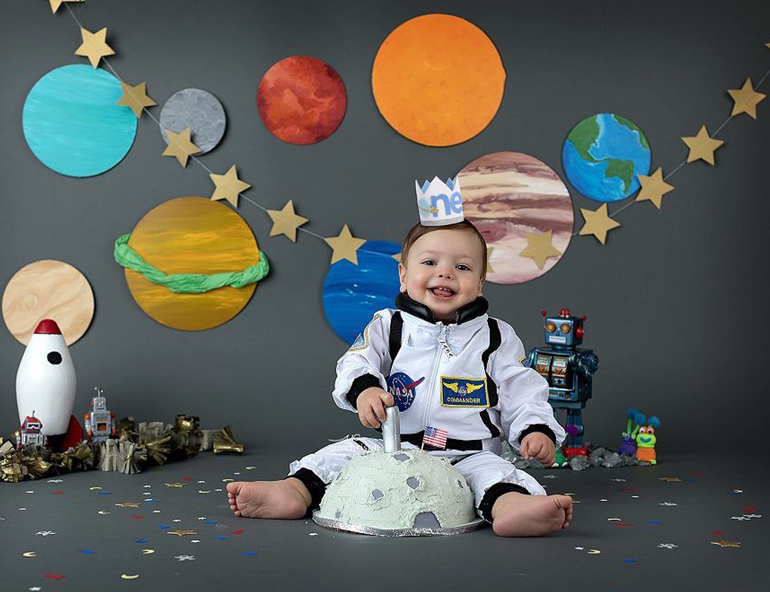 WAOUH First Birthday Crown - Outer Space Rocket and Planet Theme, Handmade Navy Blue Felt Hat with Silver Trim