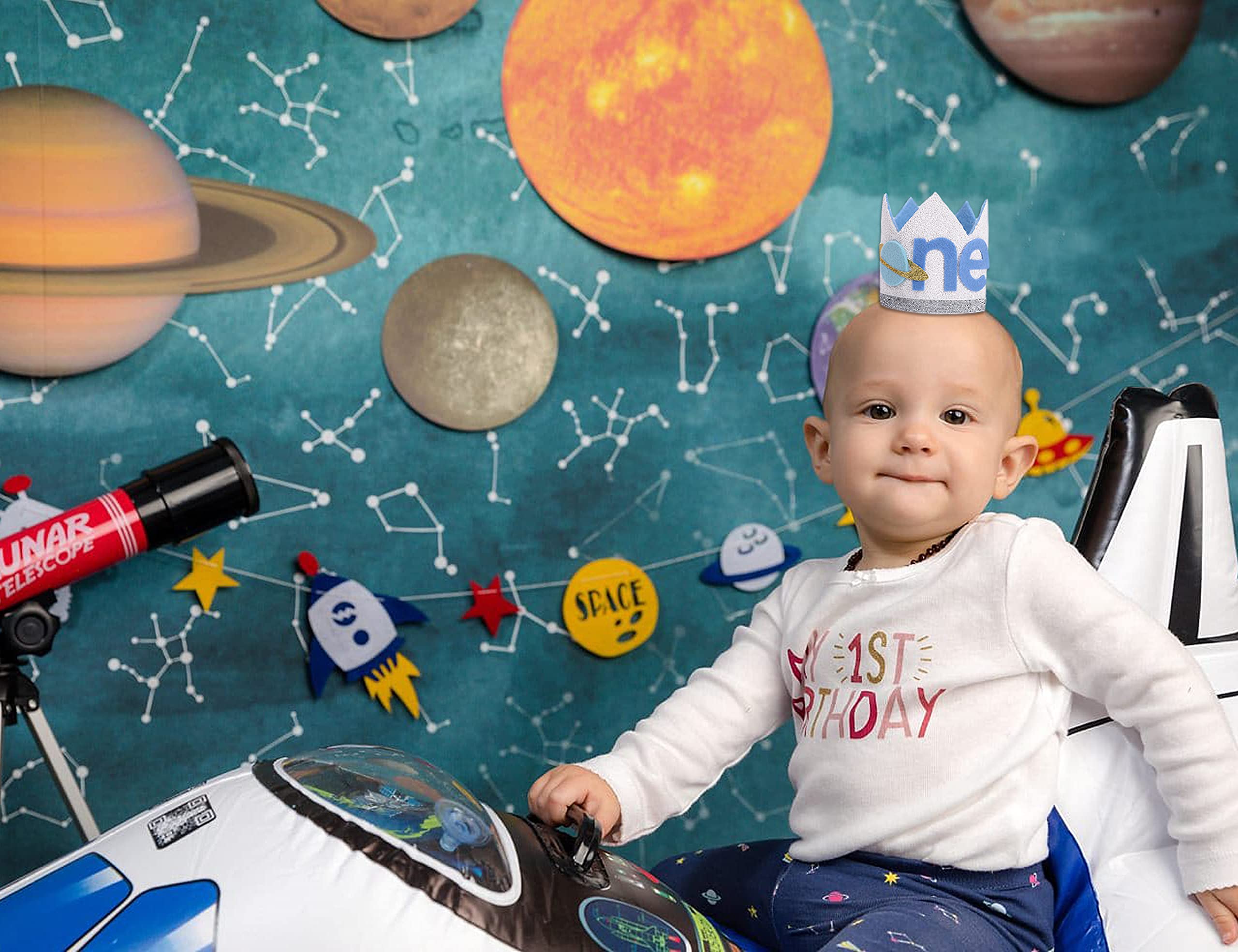 WAOUH First Birthday Crown - Outer Space Rocket and Planet Theme, Handmade Navy Blue Felt Hat with Silver Trim