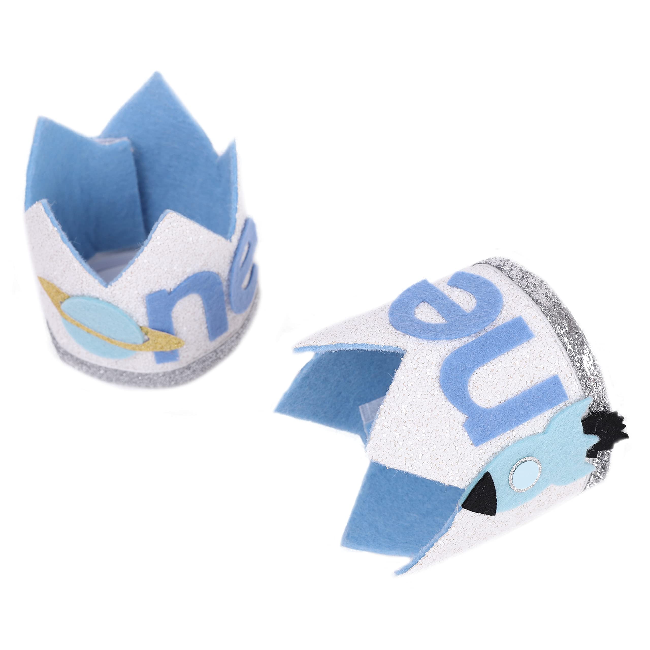 WAOUH First Birthday Crown - Outer Space Rocket and Planet Theme, Handmade Navy Blue Felt Hat with Silver Trim