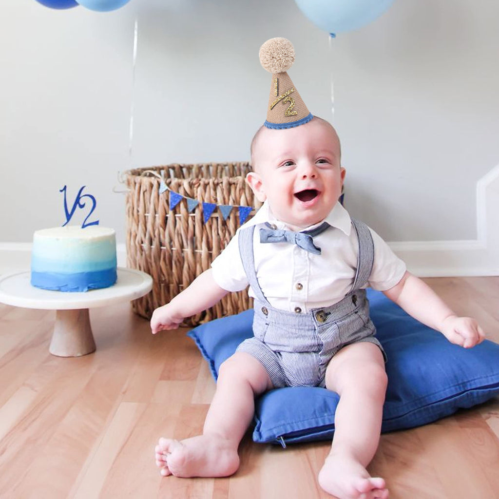 WAOUH Half Birthday Crown for 6-Month-Old Baby – Pale Gold Glitter & Royal Blue Felt Photo Prop