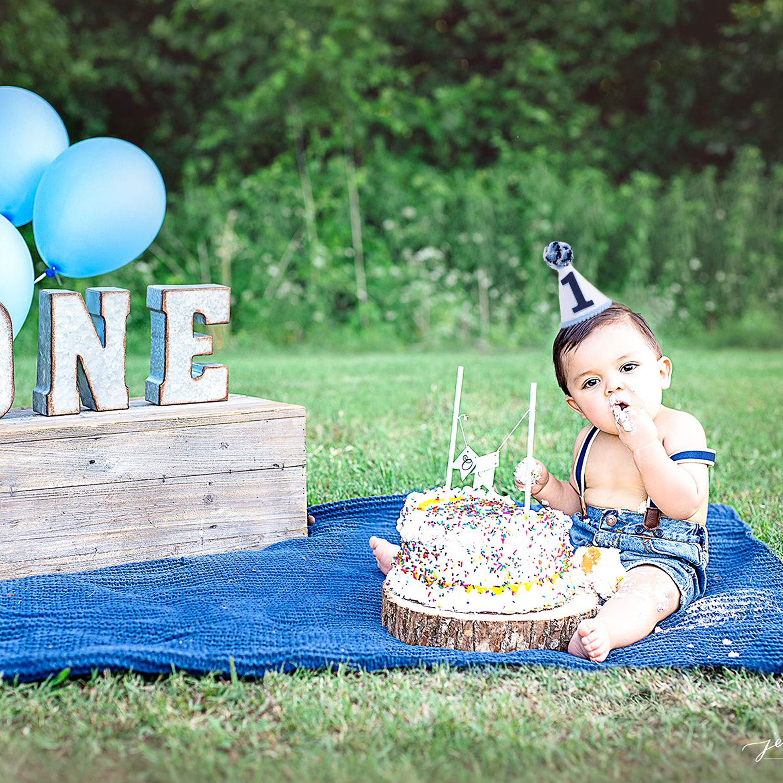 WAOUH Navy Blue Felt Cone Hat for Boy's 1st Birthday – Mini Crown Photo Prop with Elastic Band