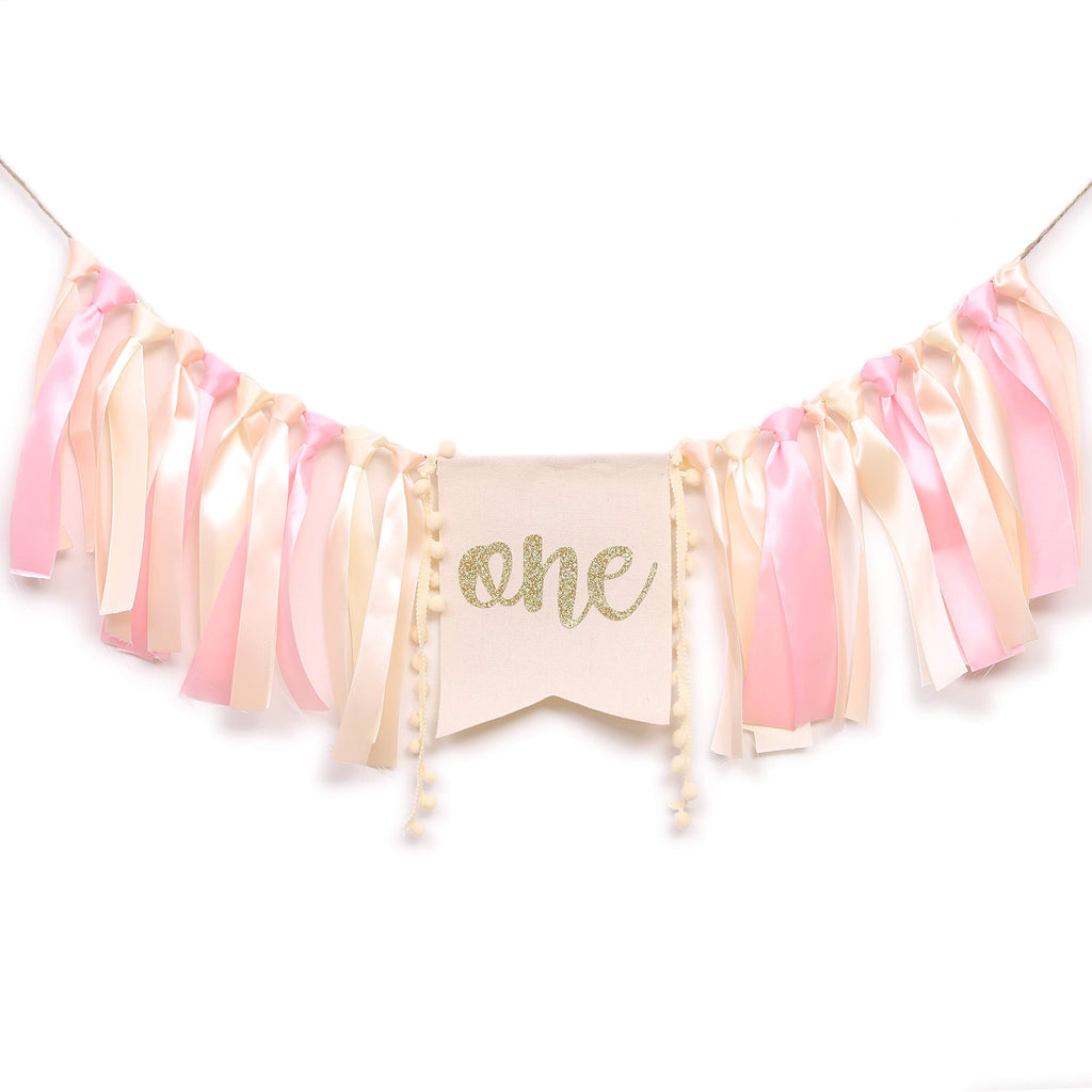 WAOUH Pink Linen Highchair Banner for Baby Girl's 1st Birthday - Cake Smash Photo Prop with Gold Accents