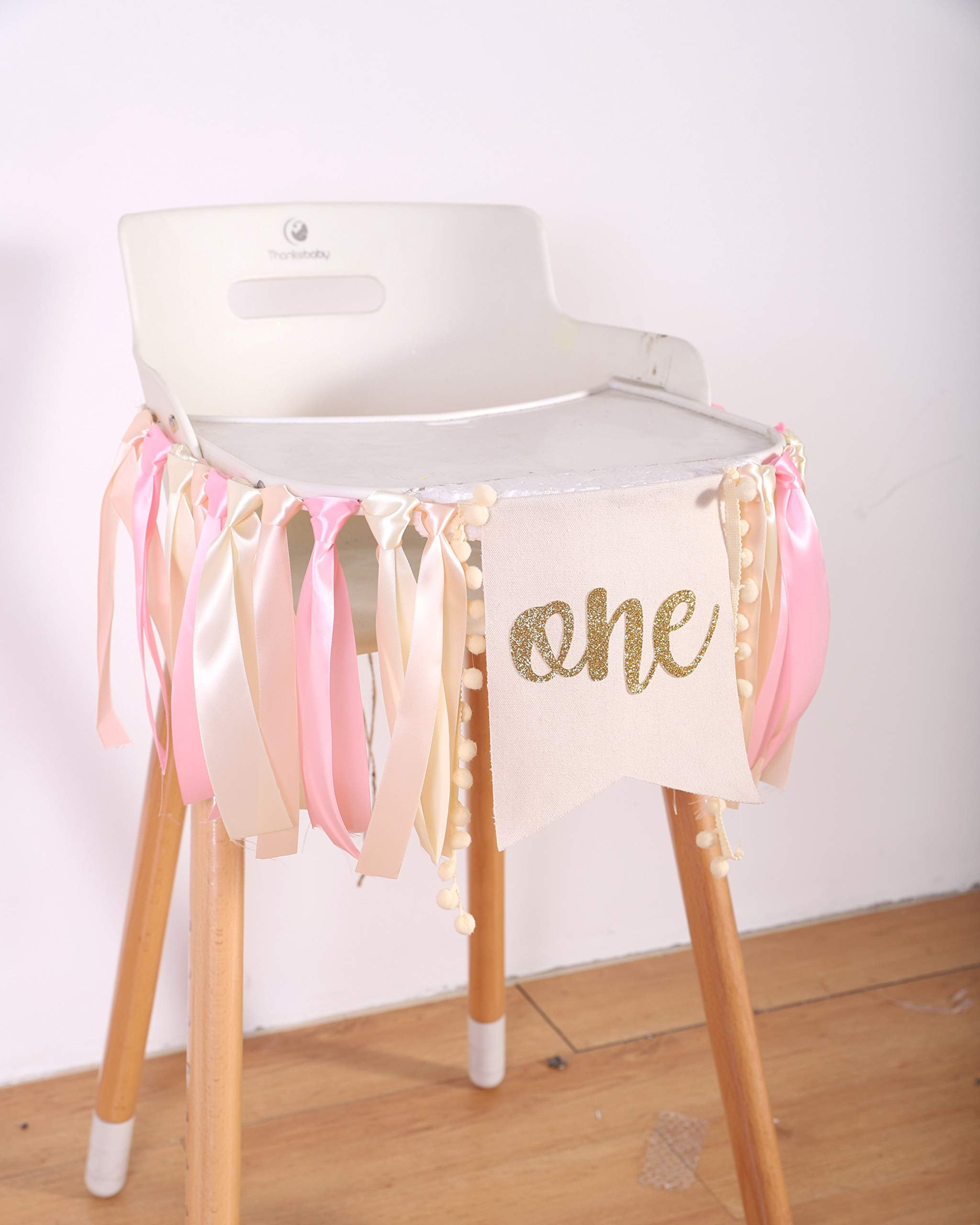 WAOUH Pink Linen Highchair Banner for Baby Girl's 1st Birthday - Cake Smash Photo Prop with Gold Accents