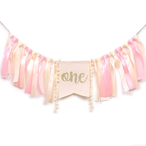 WAOUH Pink Linen Highchair Banner for Baby Girl's 1st Birthday - Cake Smash Photo Prop with Gold Accents