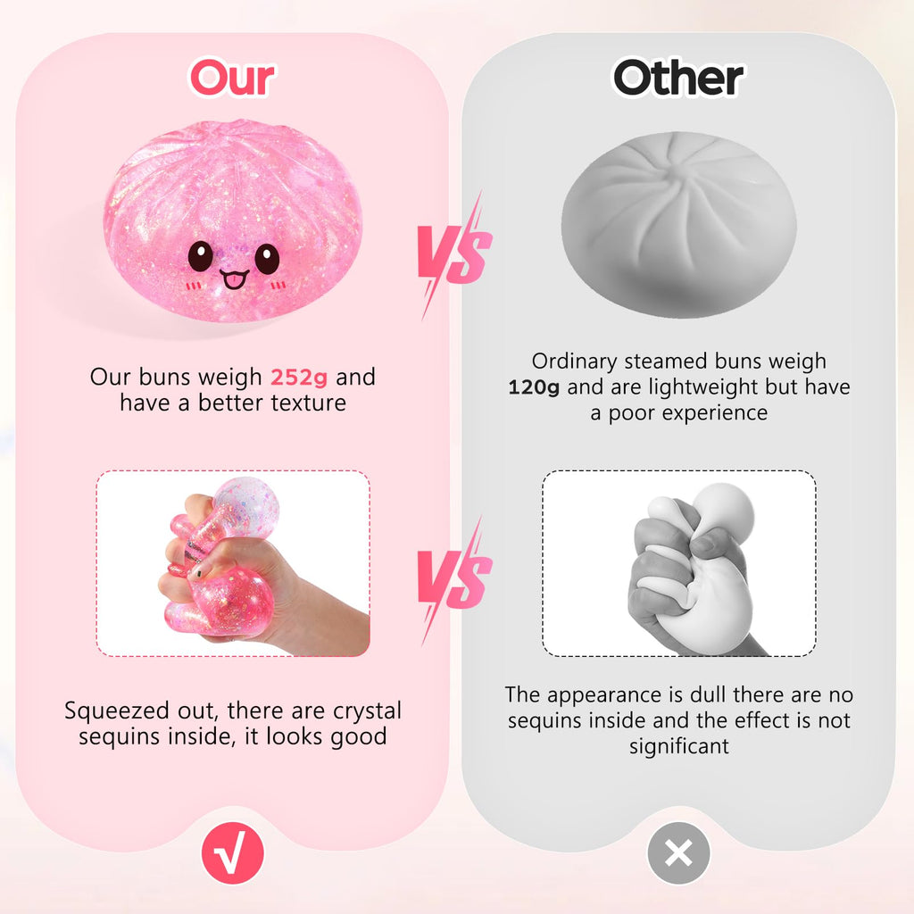 WASENLO Sugar Dumpling Squishy - Rare Style Mystery Box, Heavy 251g Crystal Glitter Bao Bun Fidget Toy (Pink)