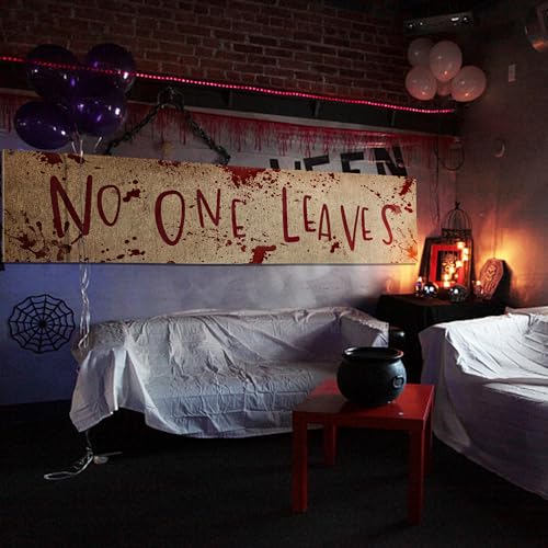 Watayo 71" x 20" Halloween Burlap Banner - 'No One Leaves' Horror Decor for Haunted House, Indoor & Outdoor