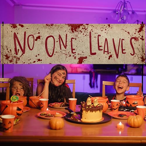 Watayo 71" x 20" Halloween Burlap Banner - 'No One Leaves' Horror Decor for Haunted House, Indoor & Outdoor