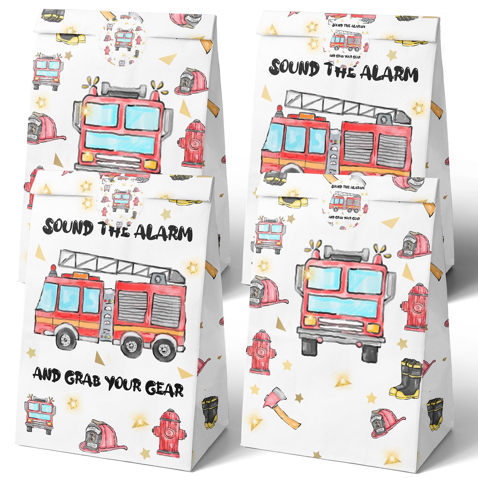 Watercolor Firetruck Party Favor Bags – 24 Pack with Stickers by HaPiBiDesign