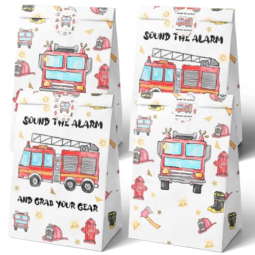 Watercolor Firetruck Party Favor Bags – 24 Pack with Stickers by HaPiBiDesign
