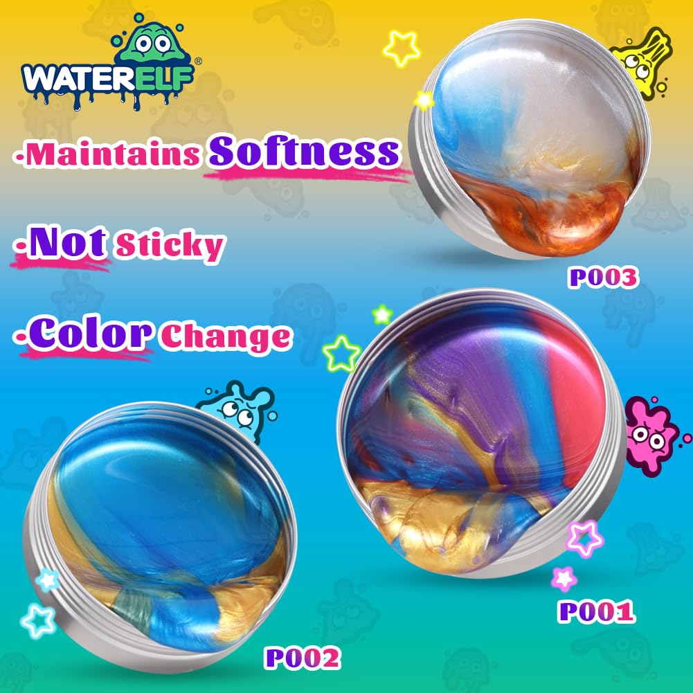 WATERELF Play Putty – Non-Sticky Fidget Putty Tin for Kids & Adults, 3 Colors (Gold, Blue, Purple)