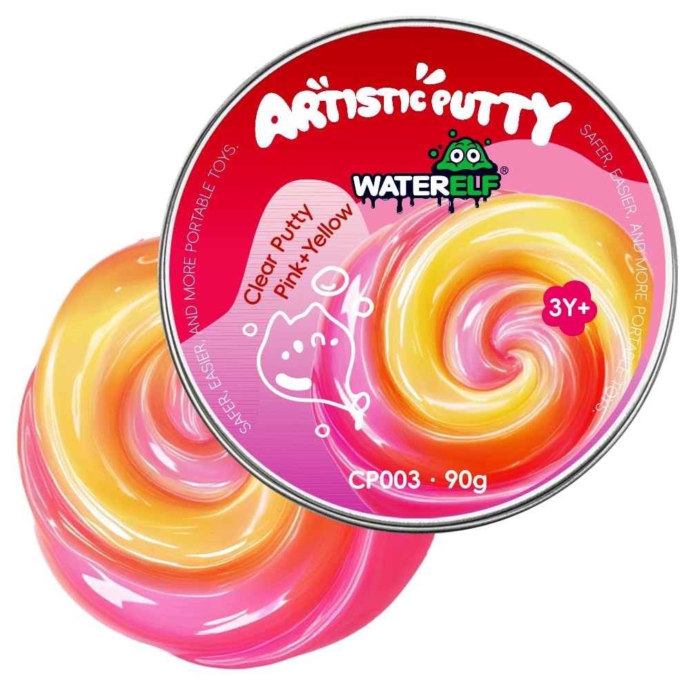 WATERELF Transparent Putty Slime - Non-Sticky Fidget Toy for Stress Relief, Pink/Yellow (3.2 oz)