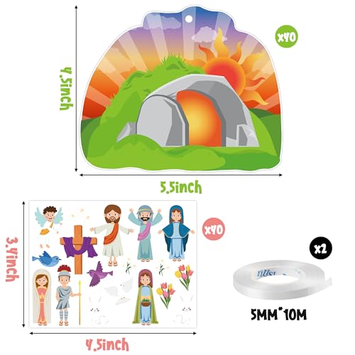 WATINC 40Pcs Easter Resurrection Hanging Ornaments - Religious Craft Kit with Stickers and Cardboard for Kids