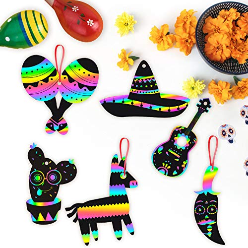 WATINC 60-Piece Mexican Fiesta Scratch Card Art Set - DIY Magic Scratch Paper for Kids & Adults, Cinco De Mayo Party Favors, Classroom Craft Kit