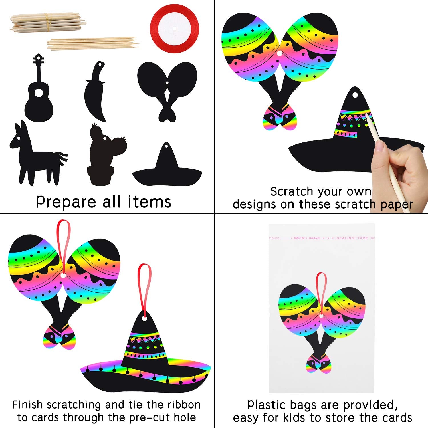 WATINC 60-Piece Mexican Fiesta Scratch Card Art Set - DIY Magic Scratch Paper for Kids & Adults, Cinco De Mayo Party Favors, Classroom Craft Kit