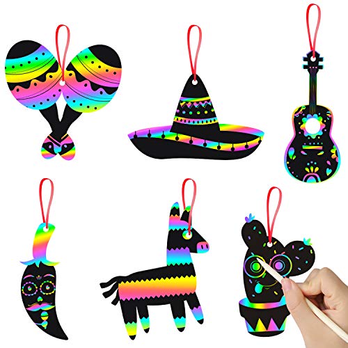 WATINC 60-Piece Mexican Fiesta Scratch Card Art Set - DIY Magic Scratch Paper for Kids & Adults, Cinco De Mayo Party Favors, Classroom Craft Kit