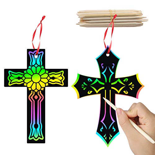 WATINC 60-Piece Scratch Cross Ornaments Kit - DIY Art Craft for Kids Easter Party Favors