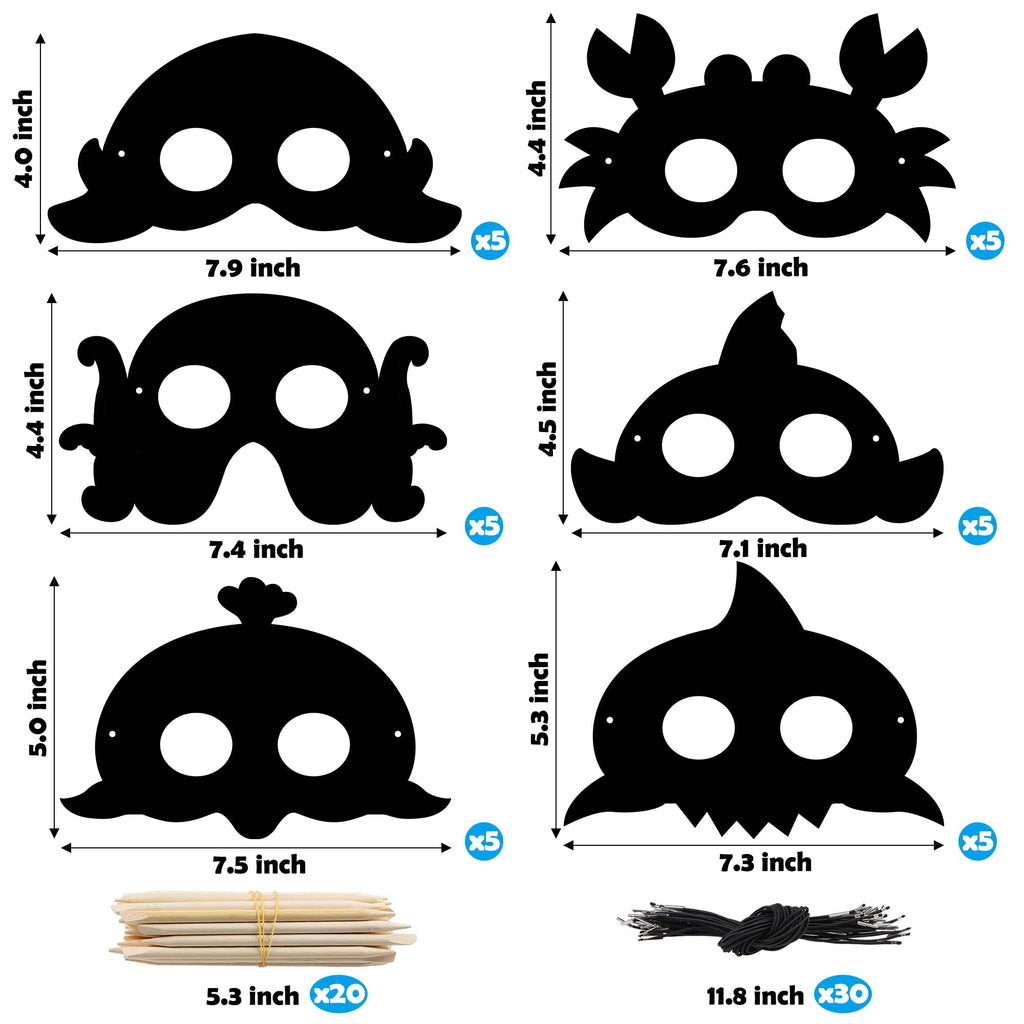 WATINC Ocean Animals Scratch Masks - 30 Pack Under the Sea Scratch Art for Kids with Wooden Sticks and Elastic Bands