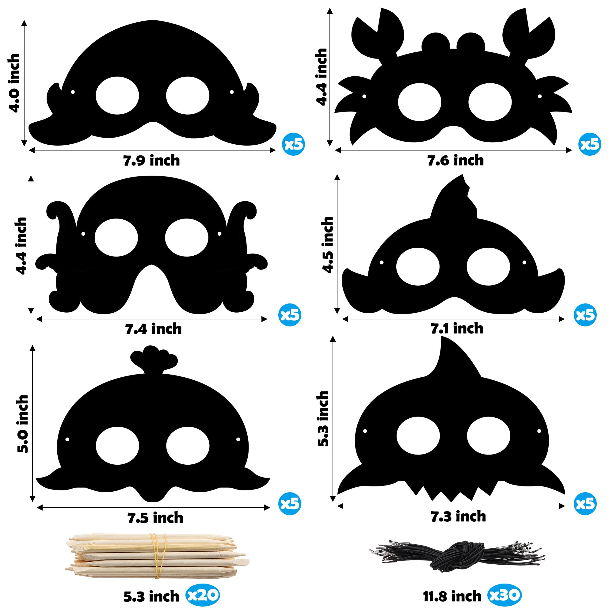 WATINC Ocean Animals Scratch Masks - 30 Pack Under the Sea Scratch Art for Kids with Wooden Sticks and Elastic Bands