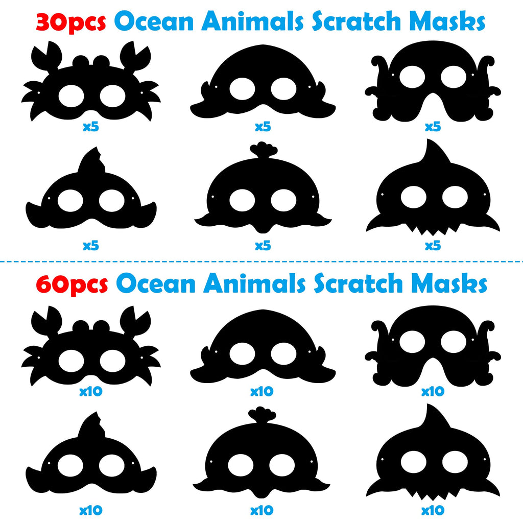WATINC Ocean Animals Scratch Masks - 30 Pack Under the Sea Scratch Art for Kids with Wooden Sticks and Elastic Bands