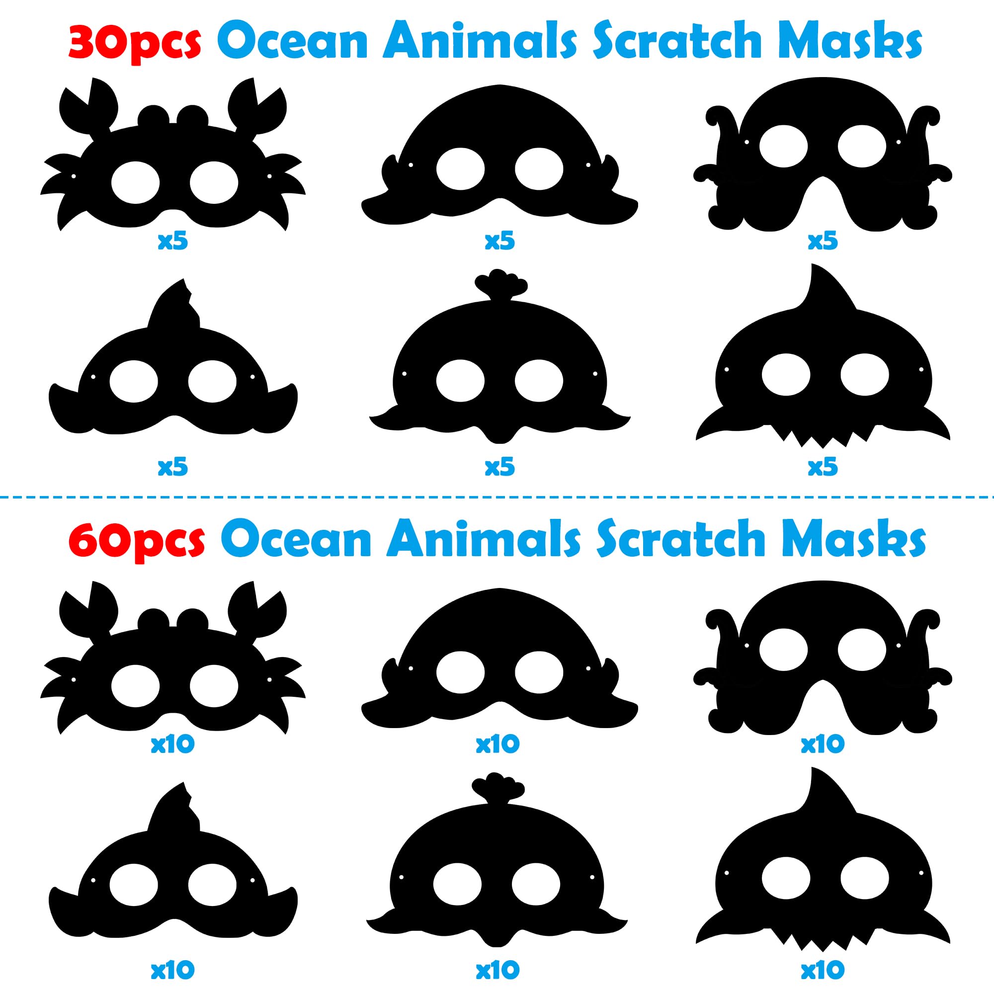 WATINC Ocean Animals Scratch Masks - 30 Pack Under the Sea Scratch Art for Kids with Wooden Sticks and Elastic Bands