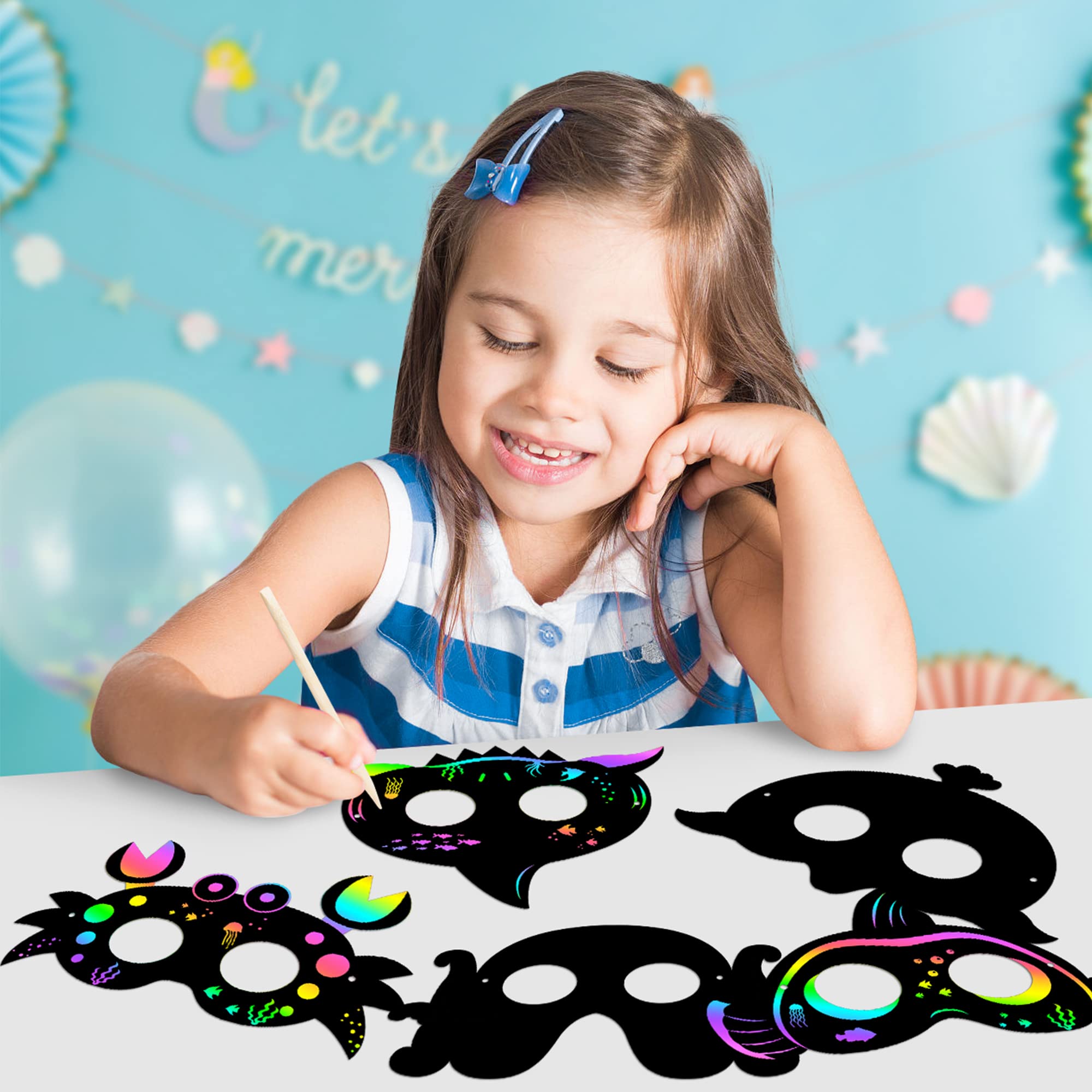 WATINC Ocean Animals Scratch Masks - 30 Pack Under the Sea Scratch Art for Kids with Wooden Sticks and Elastic Bands