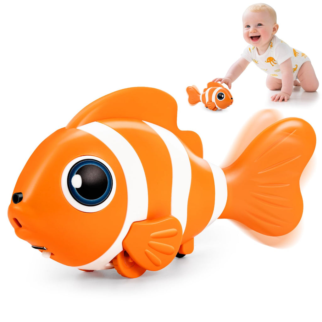 WAVISA Crawling Fish Baby Toy - Musical Tummy Time Toy with Obstacle Avoidance for 6-12 Months