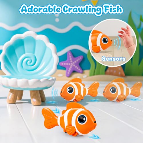 WAVISA Crawling Fish Baby Toy - Musical Tummy Time Toy with Obstacle Avoidance for 6-12 Months