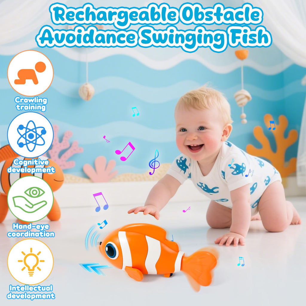 WAVISA Crawling Fish Baby Toy - Musical Tummy Time Toy with Obstacle Avoidance for 6-12 Months