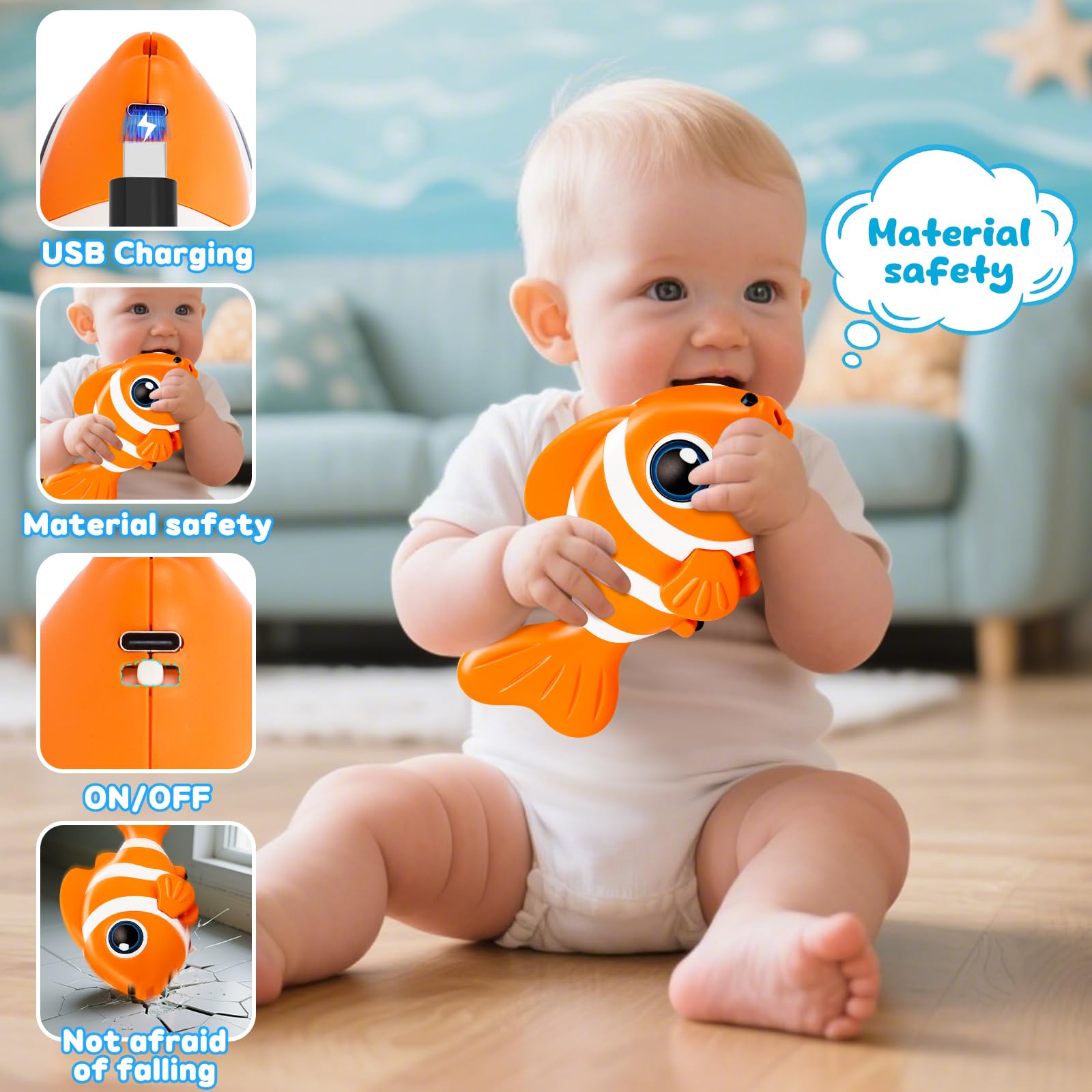 WAVISA Crawling Fish Baby Toy - Musical Tummy Time Toy with Obstacle Avoidance for 6-12 Months
