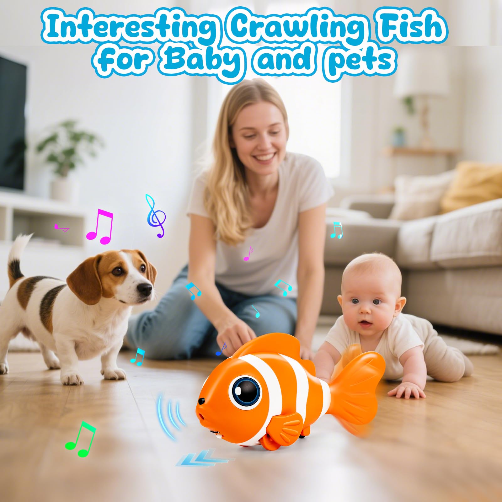 WAVISA Crawling Fish Baby Toy - Musical Tummy Time Toy with Obstacle Avoidance for 6-12 Months