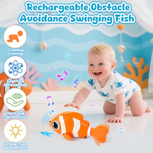WAVISA Crawling Fish Baby Toy - Musical Tummy Time Toy with Obstacle Avoidance for 6-12 Months