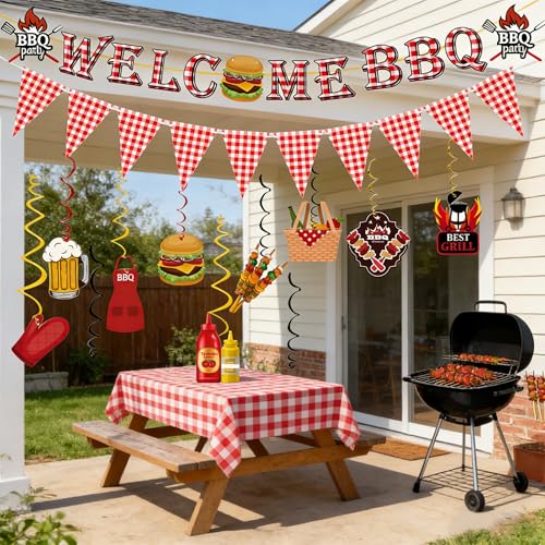 WAWEOOP BBQ Party Decorations Set – Welcome Banner, Checkered Banner, Hanging Swirls, Pre-Strung Cardstock