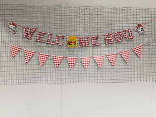 WAWEOOP BBQ Party Decorations Set – Welcome Banner, Checkered Banner, Hanging Swirls, Pre-Strung Cardstock
